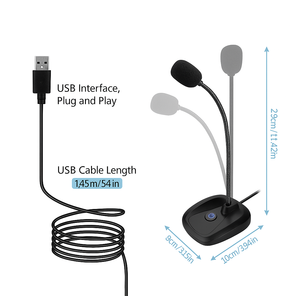 USB Tafelmicrofoon met Flexibele Houder, volumeregeling en mute knop
