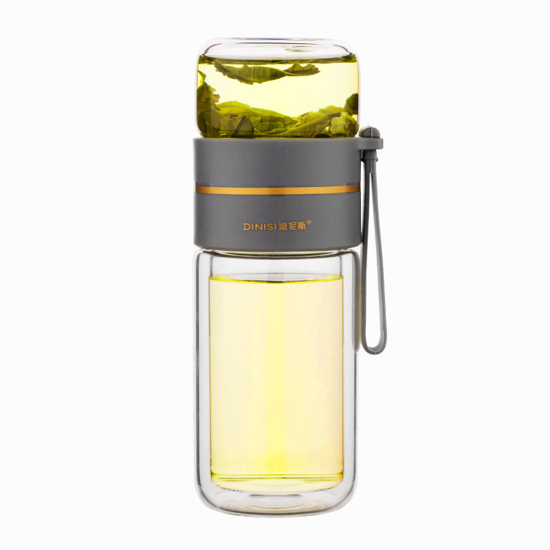 Dubbelwandige glazen waterfles met theefilter en lekvrije dop – 400 ml