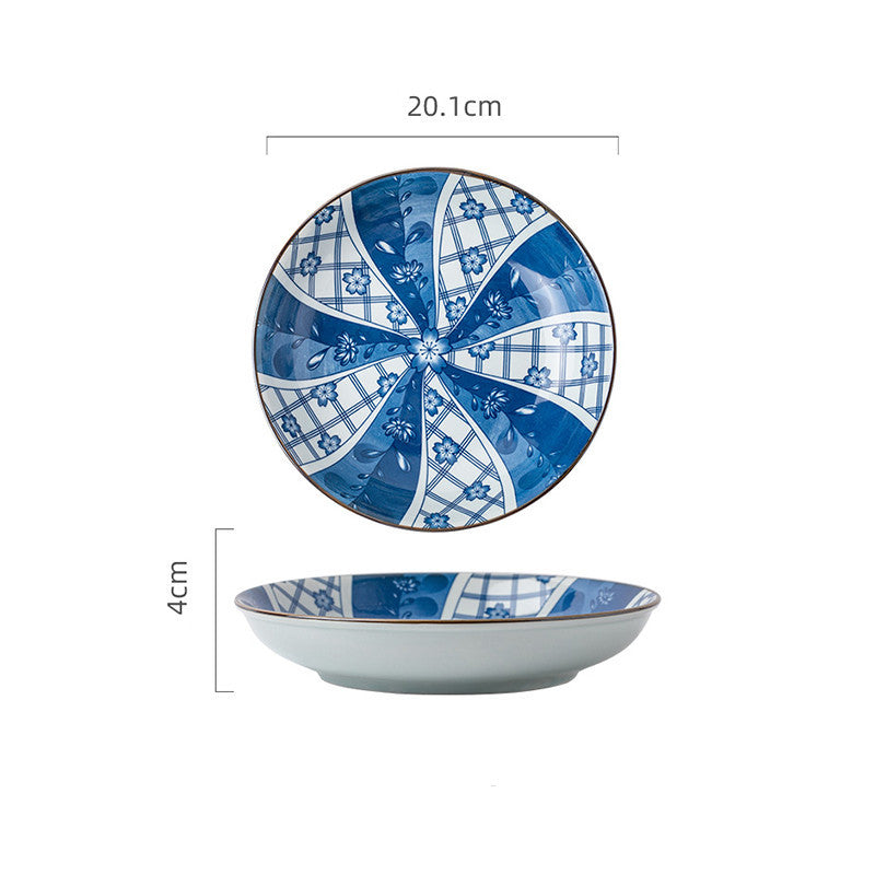 Japans Keramisch Dinerbord - Blauw Wit Patroon - 20 cm - 4 cm diep