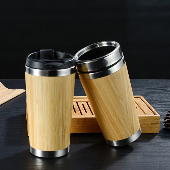 Bamboe koffiebeker - 450ml - Dubbelwandig - Lekvrij deksel