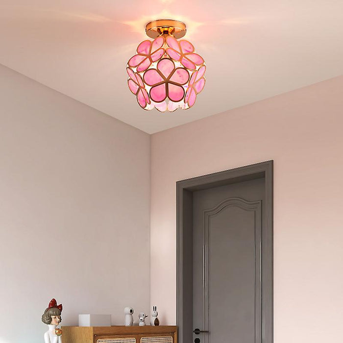 Hal plafondlamp met Roze Bloemenmotief - Glas en Goudkleurig Staal - 20cm