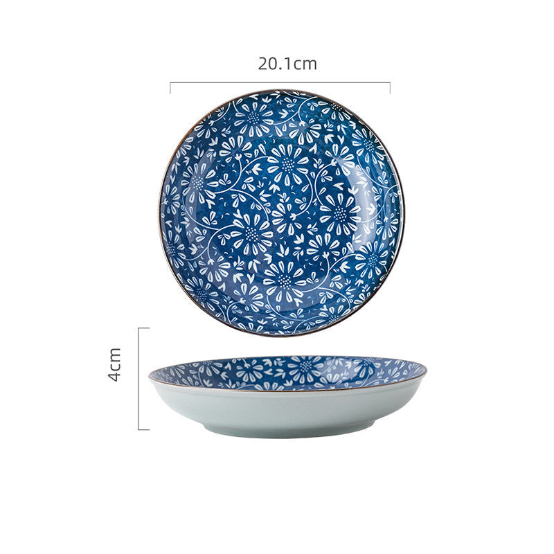 Japans Keramisch Dinerbord - Blauw Wit Patroon - 20 cm - 4 cm diep