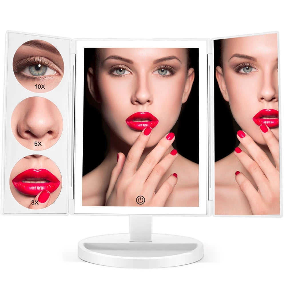 Trifold make-up spiegel met LED-verlichting, 10x vergroting, draaibaar, wit