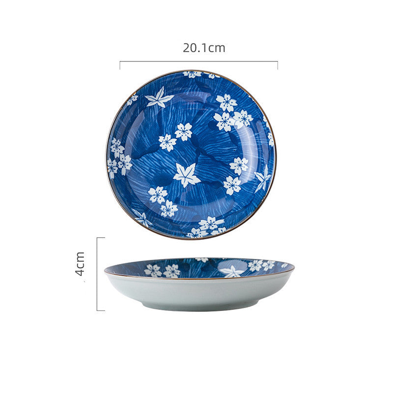 Japans Keramisch Dinerbord - Blauw Wit Patroon - 20 cm - 4 cm diep