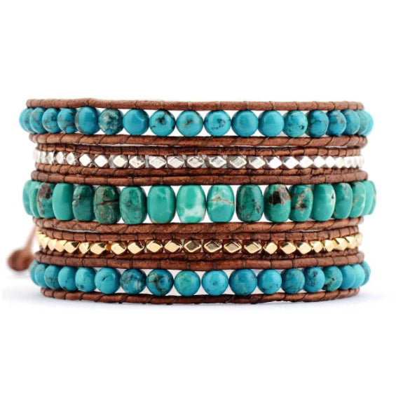 Bohemian Armband Dames - Turquoise Steen - Leren Wikkelarmband met Kralen