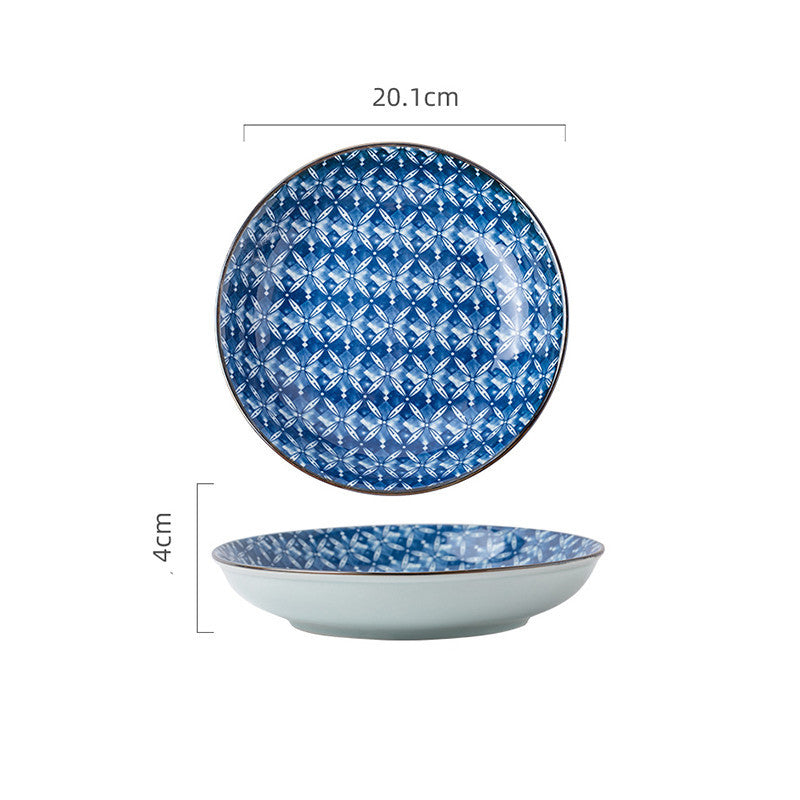 Japans Keramisch Dinerbord - Blauw Wit Patroon - 20 cm - 4 cm diep
