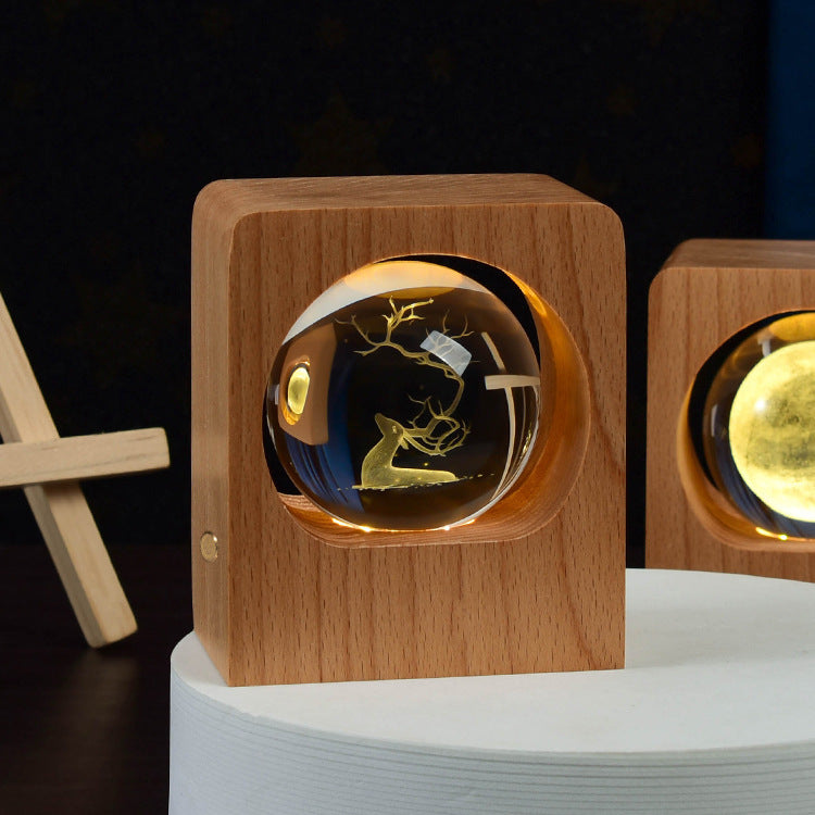 Kristallen bol nachtlamp - LED houten lamp - 3D laser gegraveerd - dimbaar - USB