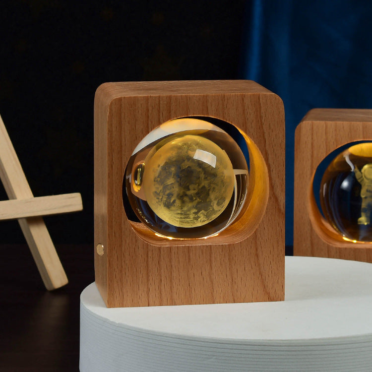Kristallen bol nachtlamp - LED houten lamp - 3D laser gegraveerd - dimbaar - USB