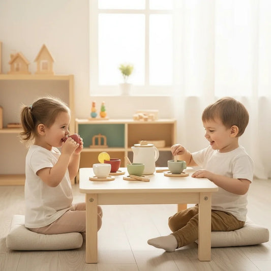 TeaPals – Montessori Houten Theeservies Speelset voor Kinderen – Naturel/Grijs/Groen/Rood