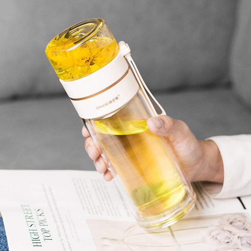 Dubbelwandige glazen waterfles met theefilter en lekvrije dop – 400 ml