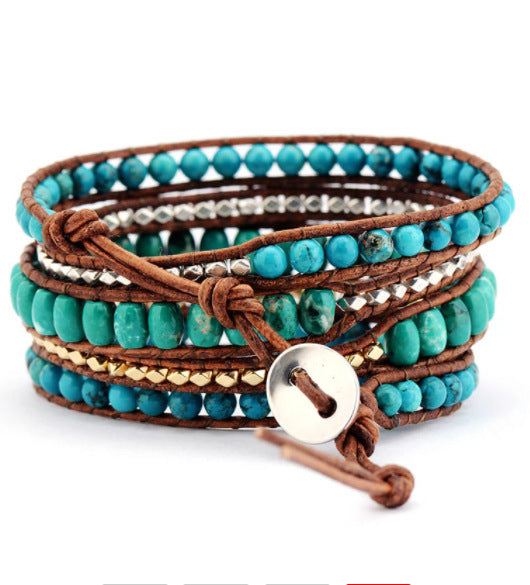 Bohemian Armband Dames - Turquoise Steen - Leren Wikkelarmband met Kralen
