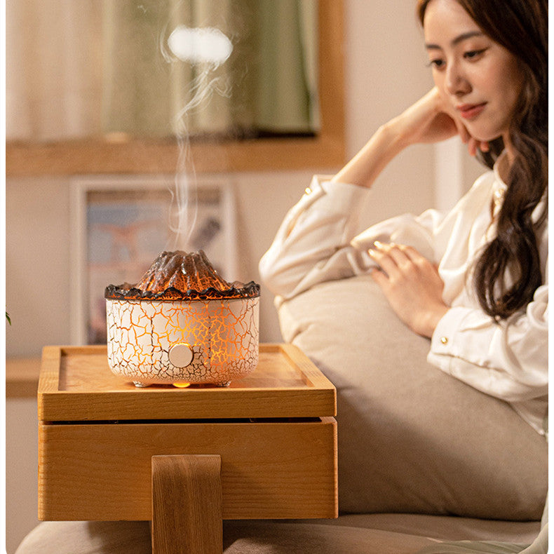Vulkaan Luchtbevochtiger met LED Vlammen en Aromatherapie – Ultrastille Diffuser, 0.5L