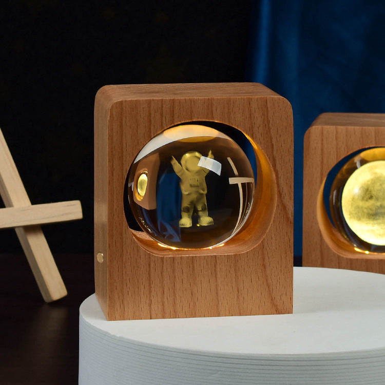 Kristallen bol nachtlamp - LED houten lamp - 3D laser gegraveerd - dimbaar - USB