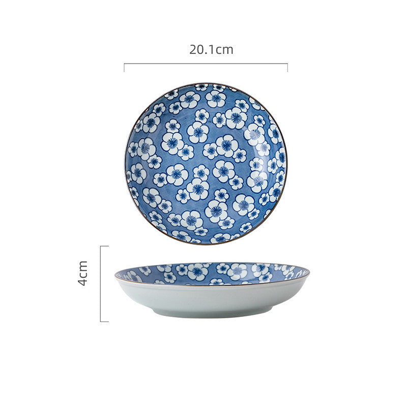 Japans Keramisch Dinerbord - Blauw Wit Patroon - 20 cm - 4 cm diep