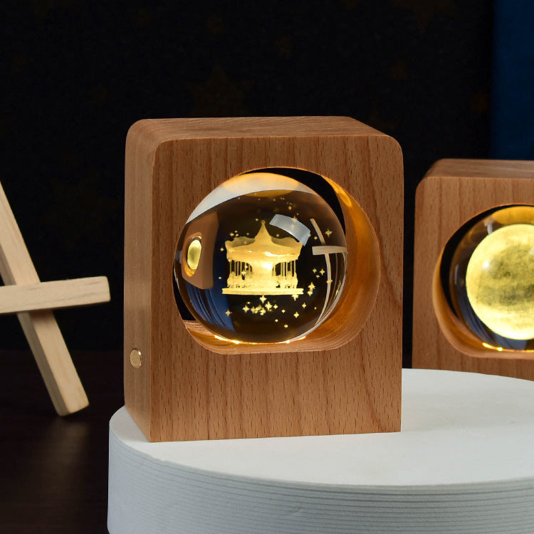 Kristallen bol nachtlamp - LED houten lamp - 3D laser gegraveerd - dimbaar - USB