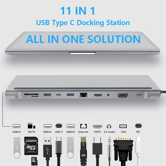Snelle 11-in-1 USB-C laptop docking station met HDMI, Ethernet en SD-kaartlezer