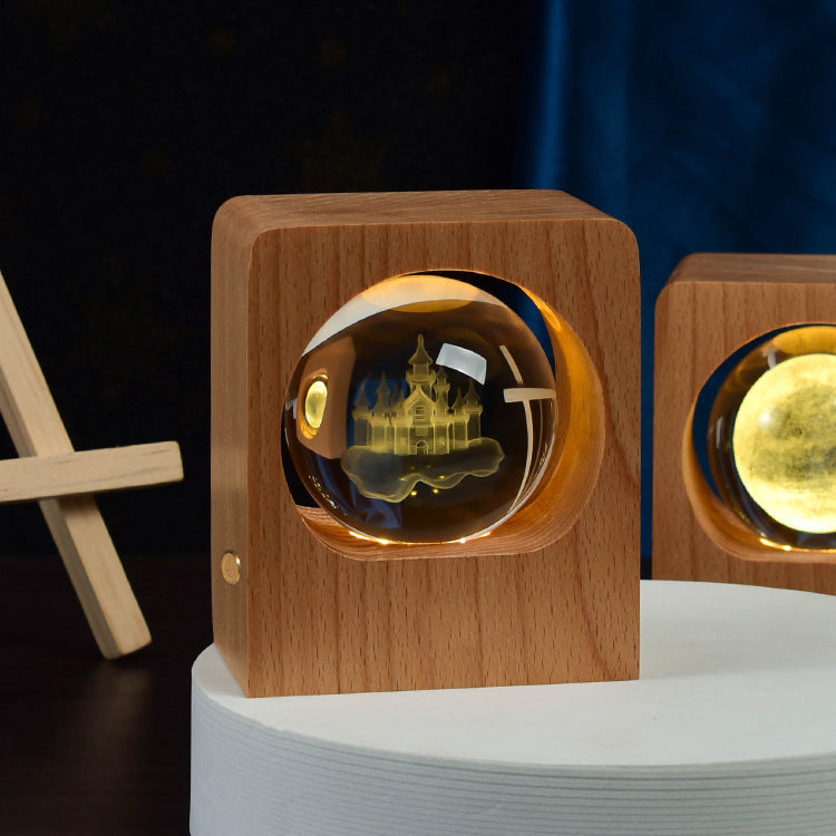 Kristallen bol nachtlamp - LED houten lamp - 3D laser gegraveerd - dimbaar - USB
