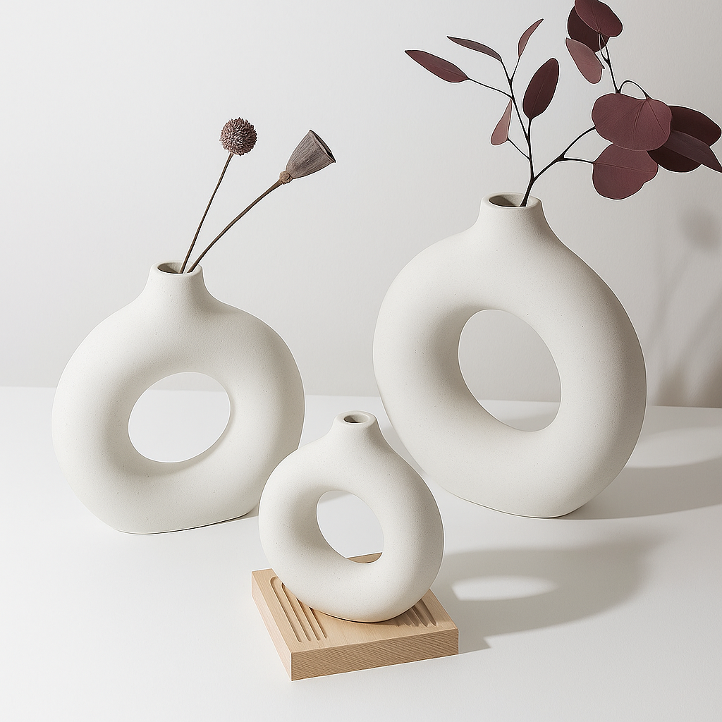 Nordic witte cirkel vaas van keramiek - Moderne bloemenvaas voor woonkamer
