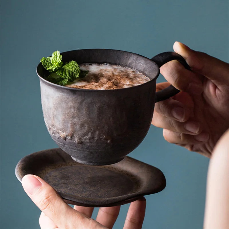 Keramische Mok Set met Vintage Japans Design en Tray - Zwart Terracotta
