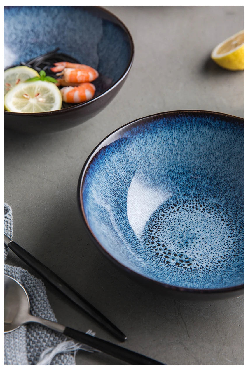 Japanse Keramische Ramen Kom - Retro Blauw Onderglazuur - Grote Soep en Salade Kom