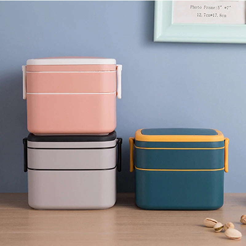 1000ml Draagbare 2-laagse Gezonde Lunchbox voor Magnetron met Bestek