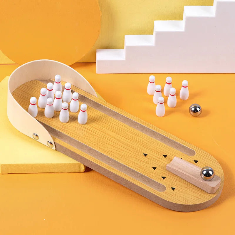 Mini Bowling Spelset - Tafelmodel Bowlingbaan met 10 Pins - Houten Desktop Spel