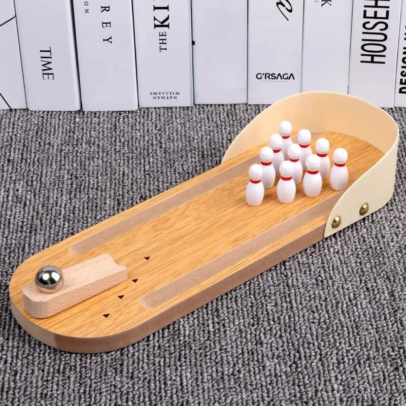 Mini Bowling Spelset - Tafelmodel Bowlingbaan met 10 Pins - Houten Desktop Spel