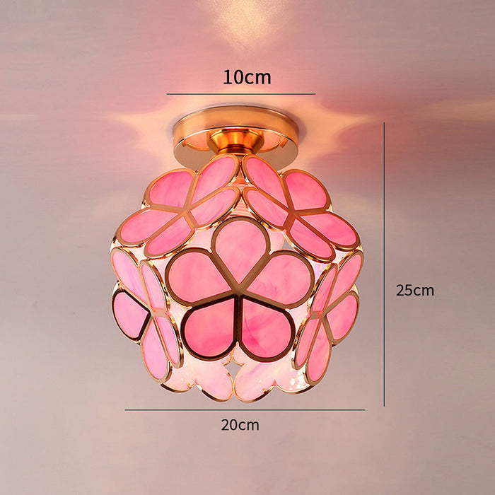 Hal plafondlamp met Roze Bloemenmotief - Glas en Goudkleurig Staal - 20cm