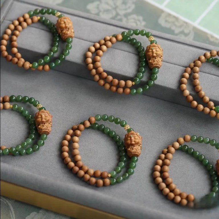 Dubbele Armband van Sandelhout en Groene Jasper met Tara-hanger
