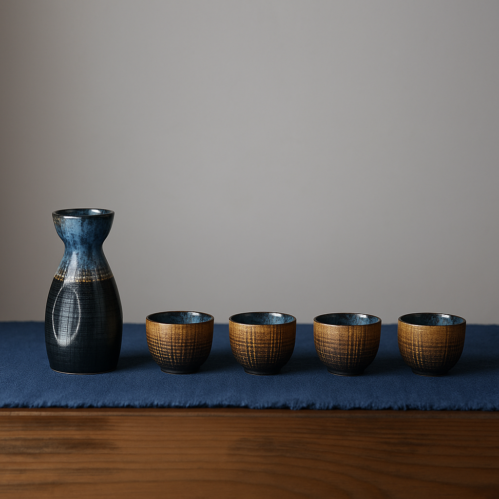 Japanse Sake Set van Keramiek – Traditionele Karaf met 4 Sake Bekers