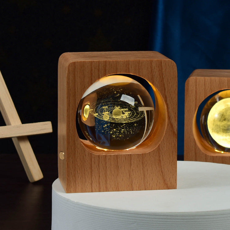 Kristallen bol nachtlamp - LED houten lamp - 3D laser gegraveerd - dimbaar - USB
