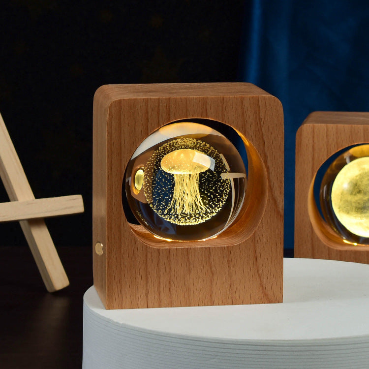 Kristallen bol nachtlamp - LED houten lamp - 3D laser gegraveerd - dimbaar - USB