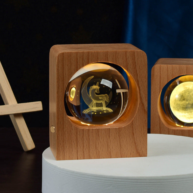 Kristallen bol nachtlamp - LED houten lamp - 3D laser gegraveerd - dimbaar - USB