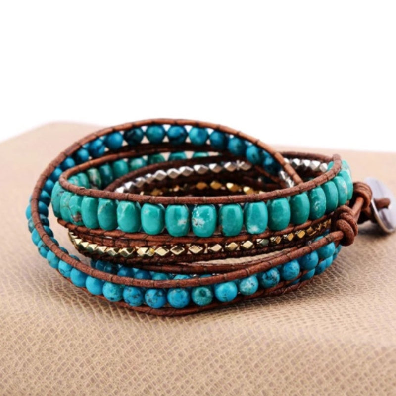 Bohemian Armband Dames - Turquoise Steen - Leren Wikkelarmband met Kralen