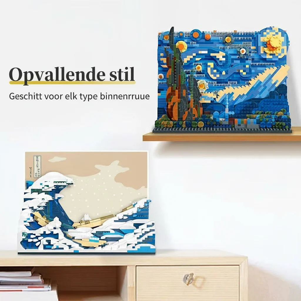 ArtBlocks Bouwset - Decoratief Kunstobject 3D Mozaïek Bouwwerk - Kanagawa Golven of Sterrennacht