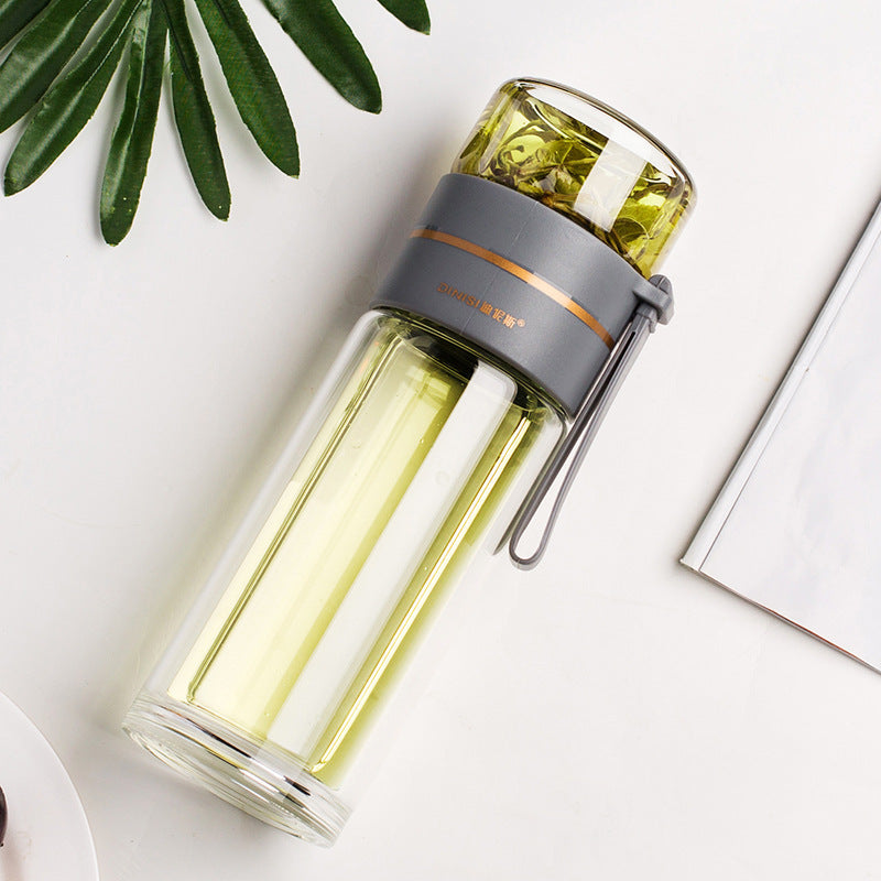 Dubbelwandige glazen waterfles met theefilter en lekvrije dop – 400 ml