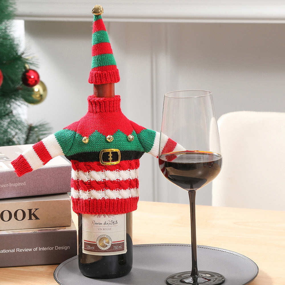Kerstmis Gebreide Wijnfleshoes - Rood Groen - Tafel Decoratie - Herbruikbaar