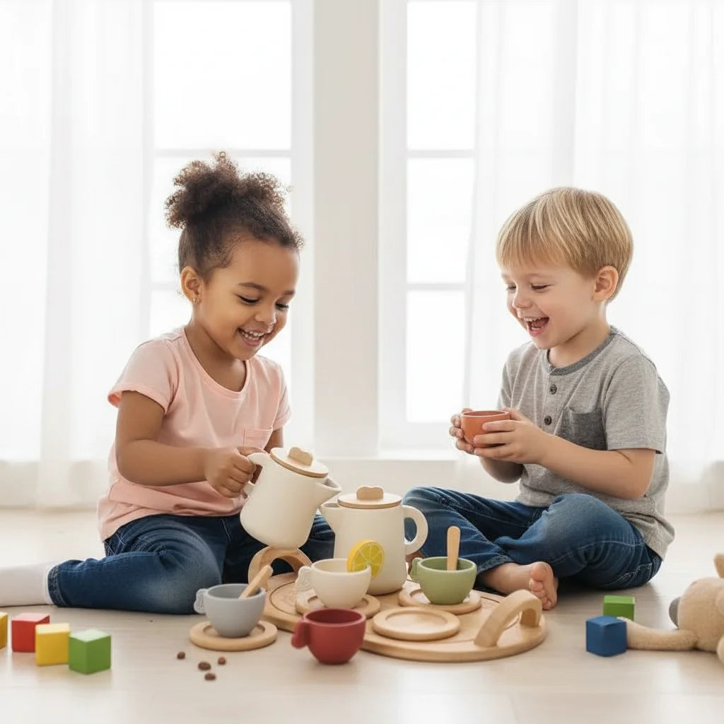 TeaPals – Montessori Houten Theeservies Speelset voor Kinderen – Naturel/Grijs/Groen/Rood