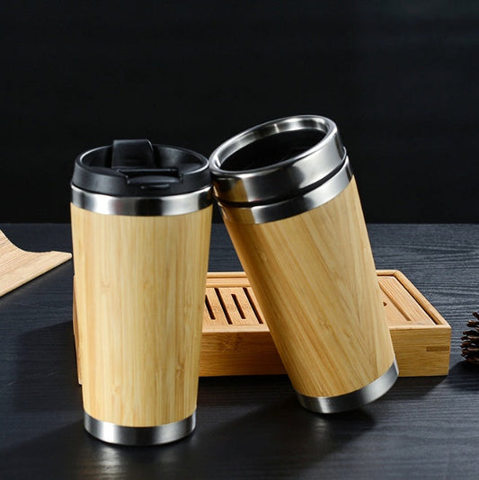 Bamboe koffiebeker - 450ml - Dubbelwandig - Lekvrij deksel