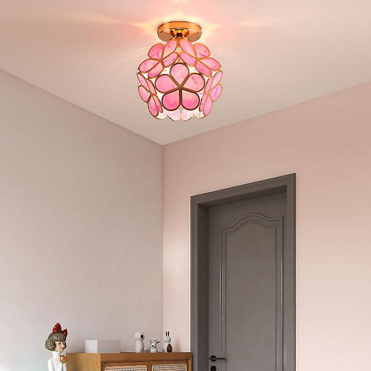 Hal plafondlamp met Roze Bloemenmotief - Glas en Goudkleurig Staal - 20cm