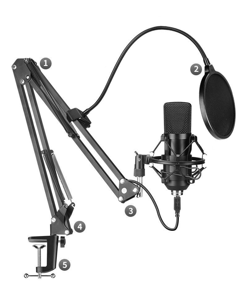 Condensator microfoon set met standaard en popfilter - Zwart metaal - 24-bit 192KHz