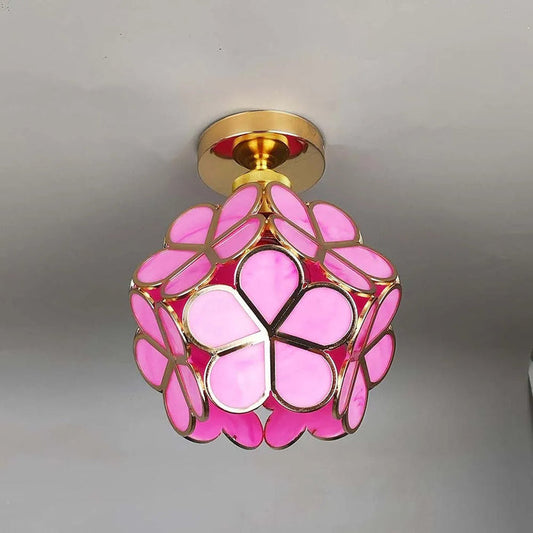 Hal plafondlamp met Roze Bloemenmotief - Glas en Goudkleurig Staal - 20cm