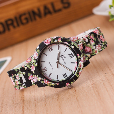 Dames horloge - Bloemenprint - Quartz uurwerk - Kunsthars band