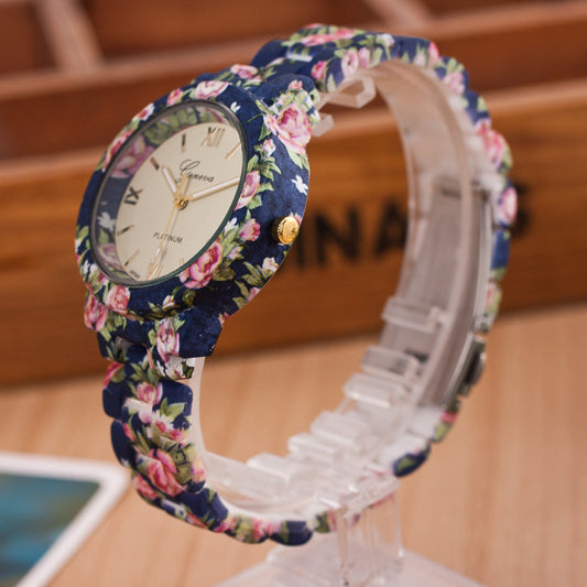 Dames horloge - Bloemenprint - Quartz uurwerk - Kunsthars band