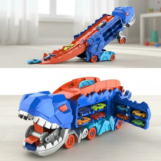 DinoRacer Speelset – Opvouwbare Dinosaurus Transporter met Racebaan en 2 Metalen Auto’s – Blauw/Rood – Ideaal Cadeau voor Kinderen