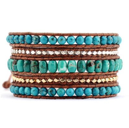 Bohemian Armband Dames - Turquoise Steen - Leren Wikkelarmband met Kralen