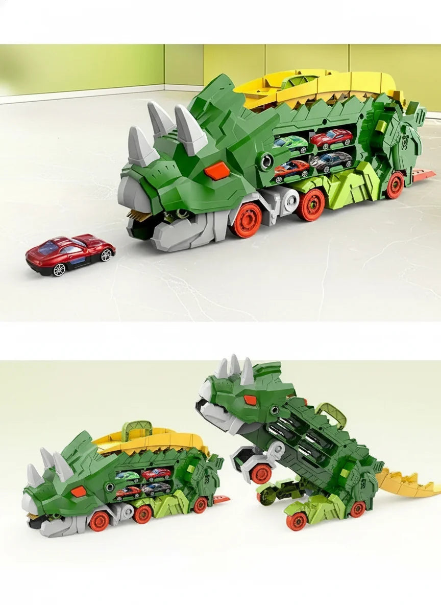 DinoRacer Speelset – Opvouwbare Dinosaurus Transporter met Racebaan en 2 Metalen Auto’s – Blauw/Rood – Ideaal Cadeau voor Kinderen