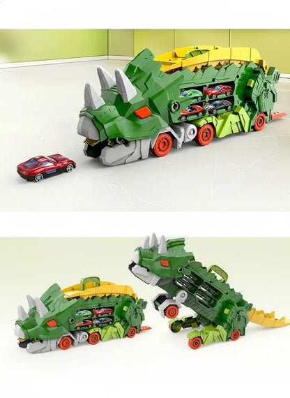 DinoRacer Speelset – Opvouwbare Dinosaurus Transporter met Racebaan en 2 Metalen Auto’s – Blauw/Rood – Ideaal Cadeau voor Kinderen