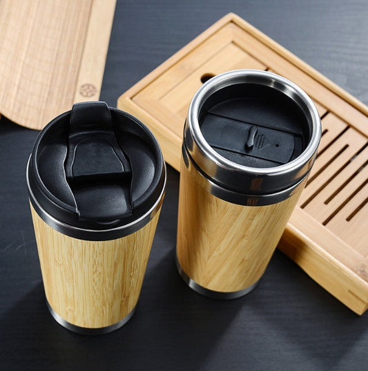 Bamboe koffiebeker - 450ml - Dubbelwandig - Lekvrij deksel