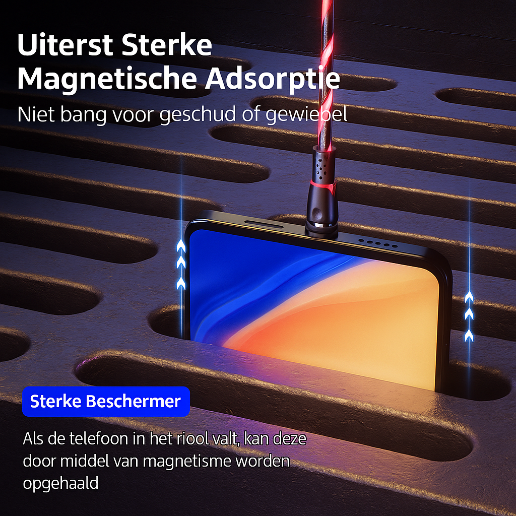 MagneticGlow 3-in-1 Oplaadkabel – Blauw/Rood/Groen 360° Draaibaar LED Snel Laden